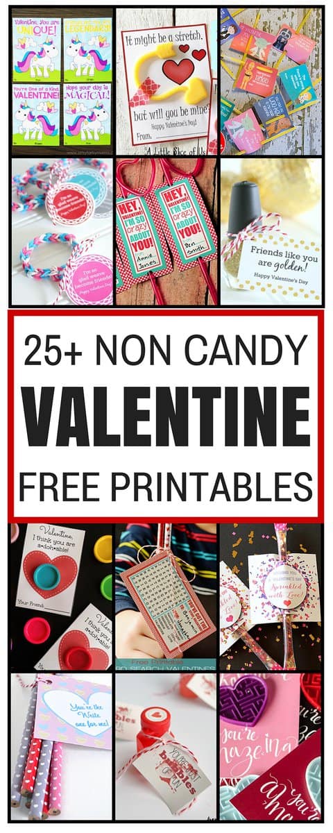 Print Class Valentines from home with these cute free printables that pair with non candy treats. Perfect for school Valentine's Day parties.