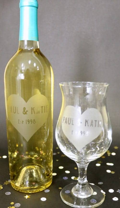 Personalized Etched Glass Wine Bottle with matching wine glass