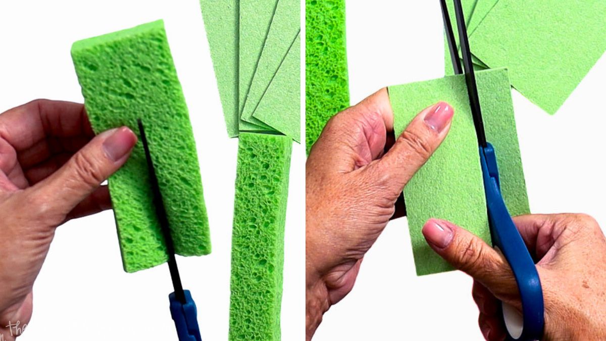 Hands using scissors to cut green compressed sponges into strips, a step in making DIY sponge water bombs for summer water games.