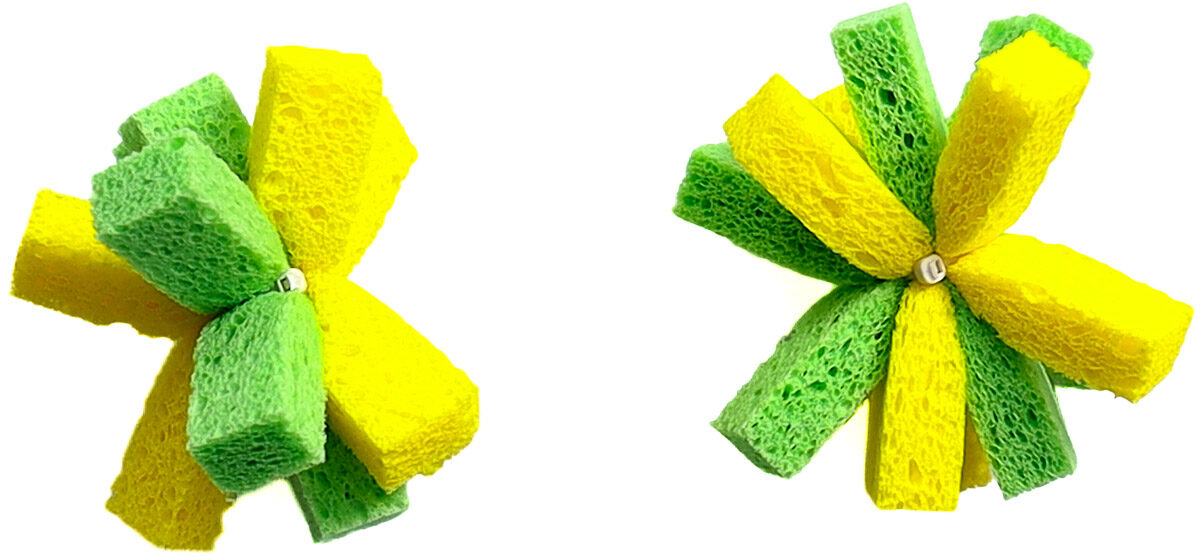 Two finished sponge water bombs made from green and yellow sponge strips secured in the center, shown on a white background.