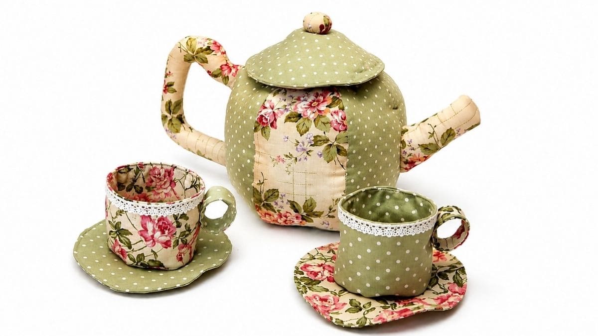 Handmade fabric tea set featuring a floral and polka dot teapot with matching teacups and saucers, finished with lace trim and soft stuffing.