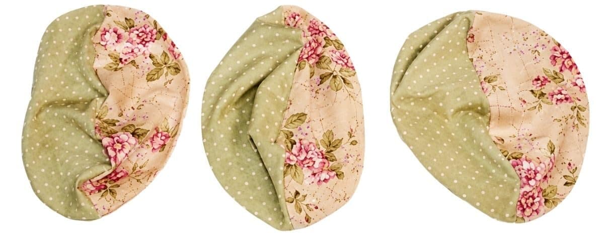 Three sewn fabric teapot body sections made from floral and polka dot cotton, shown assembled into curved panels before final construction.
