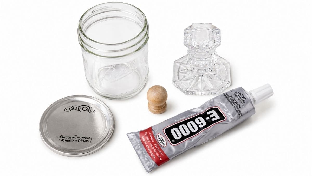 Benodigdheden voor een glazen pot met geëtst monogram, inclusief een glazen pot, deksel, glazen knop, E6000-lijm en een houten ladetrekker.