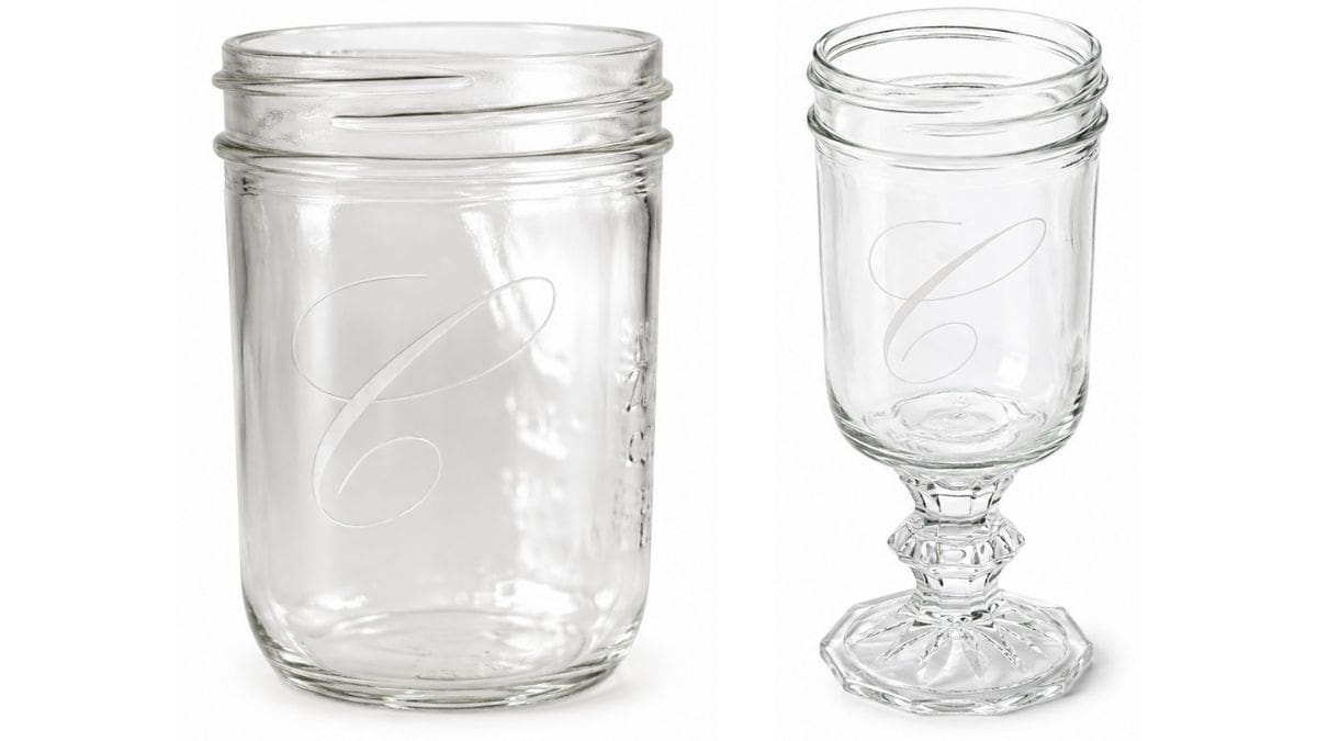 Glazen pot en snoeppot op voetstuk met een geëtst scriptmonogram, waarop het voltooide gepersonaliseerde glasetsontwerp te zien is.