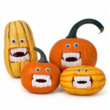 Four vampire pumpkins and gourds with googly eyes and plastic fangs arranged together as playful Halloween decorations.