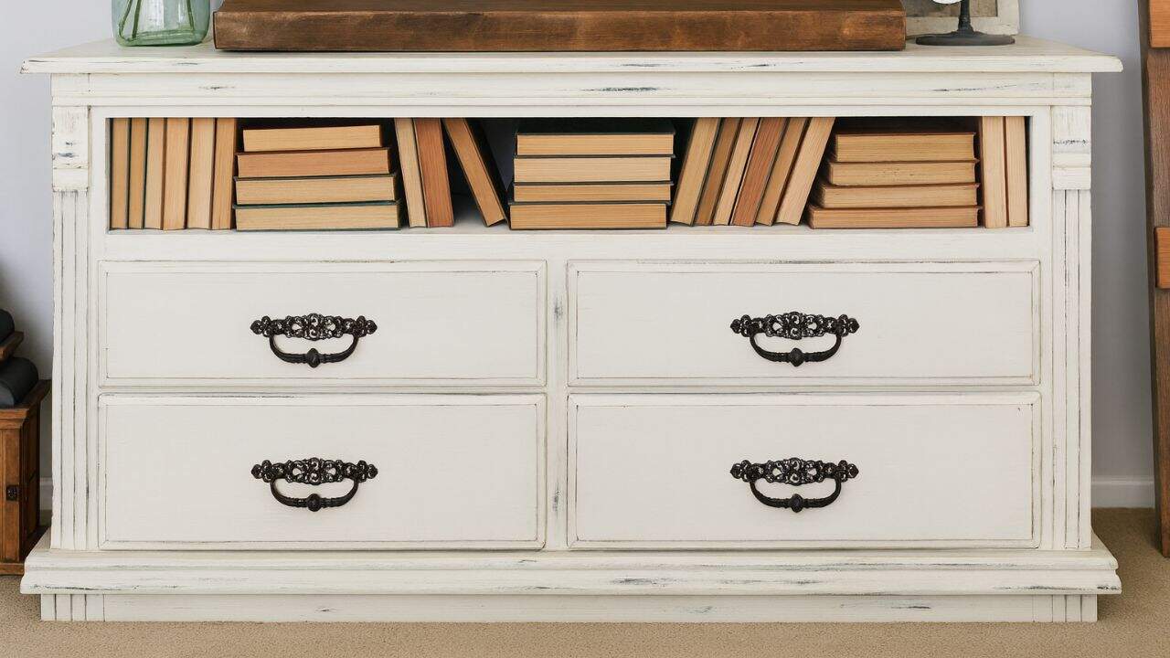 White chalk-painted dresser repurposed as a TV stand, with top drawers removed to hold books and four lower drawers featuring dark ornate handles.