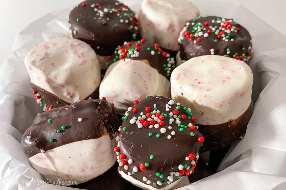 A Pile of chocolate-covered marshmallows ready to gift.