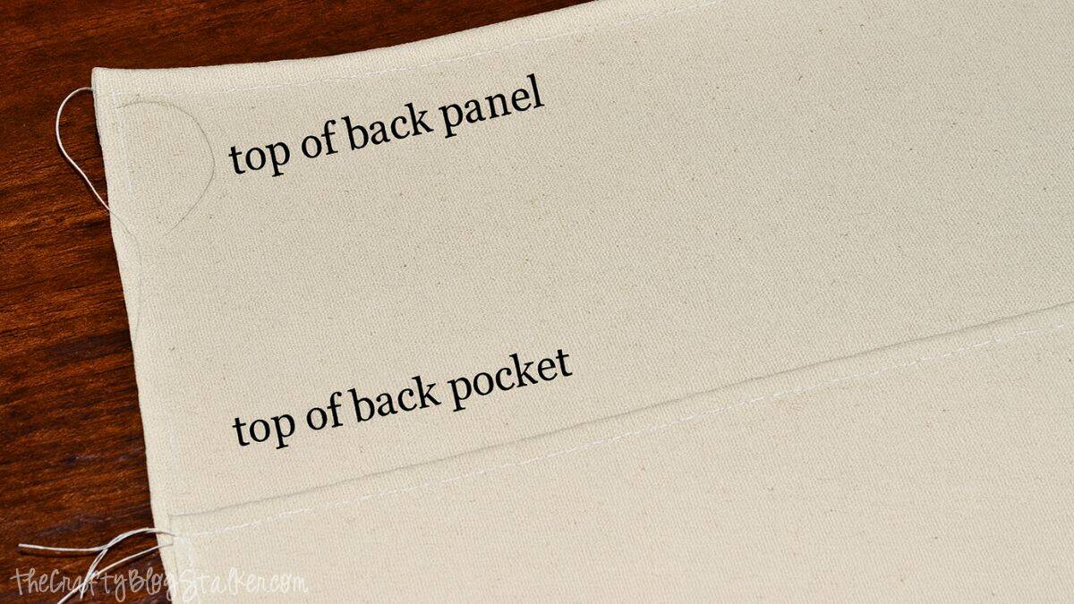 Canvas fabric panels labeled top of back panel and top of back pocket showing folded hems for sewing a crochet tote bag.