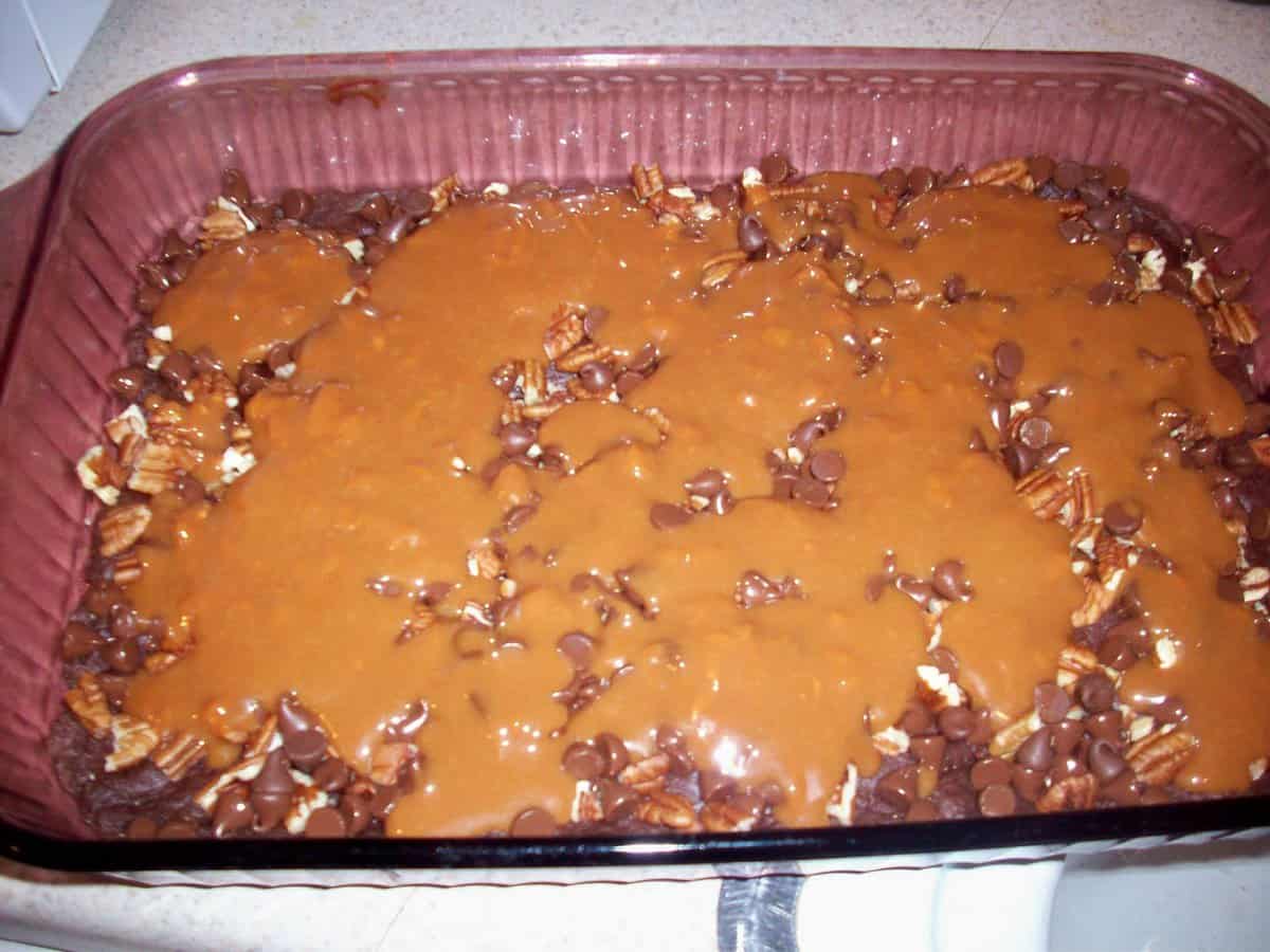 caramel layered on the brownies