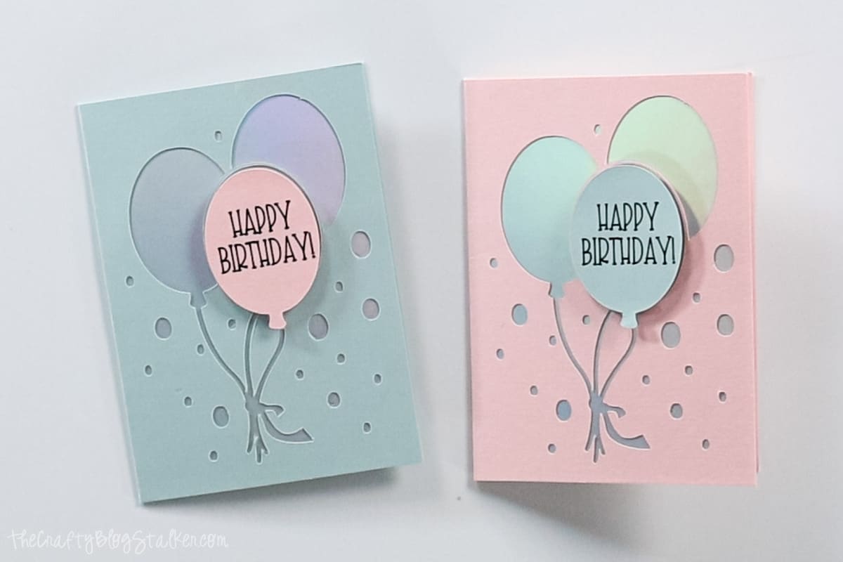 Two finished Happy Birthday Balloon cards.