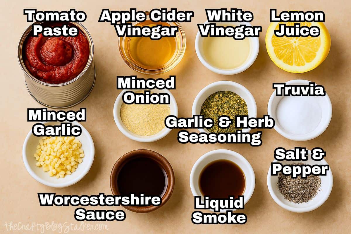 Ingredients for homemade BBQ sauce, including tomato paste, vinegars, lemon juice, garlic, spices, Truvia, Worcestershire sauce, and liquid smoke.