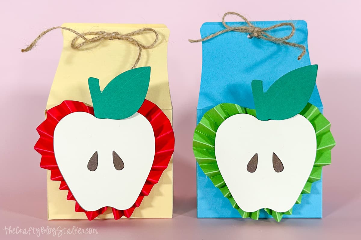 Two apple treat boxes. One red apple and one green apple.