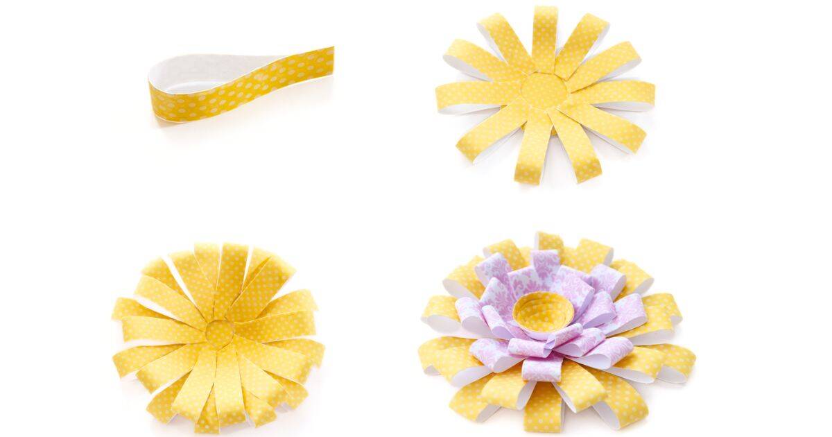 Step by step paper flower process showing curled strips, layered base, and finished chrysanthemum style flower with center cup
