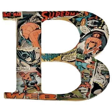Decorative letter B covered in comic book pages featuring superhero illustrations, displayed on a white background.