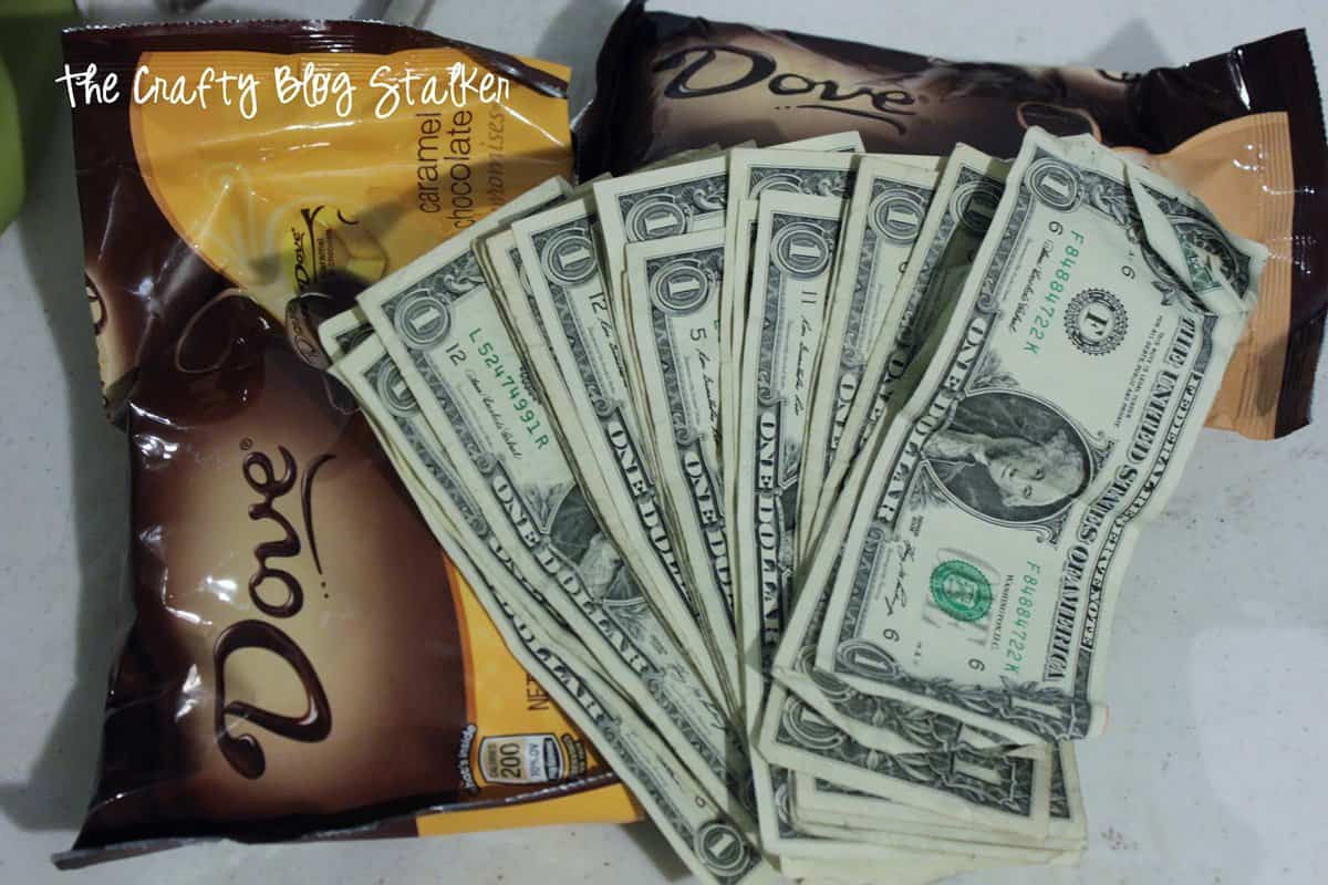 Dove chocolates and one dollar bills.