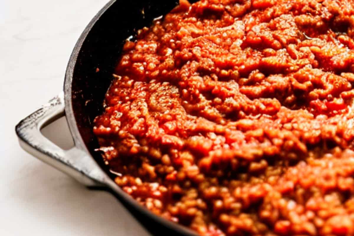 Spaghetti Meat Sauce in a skillet.