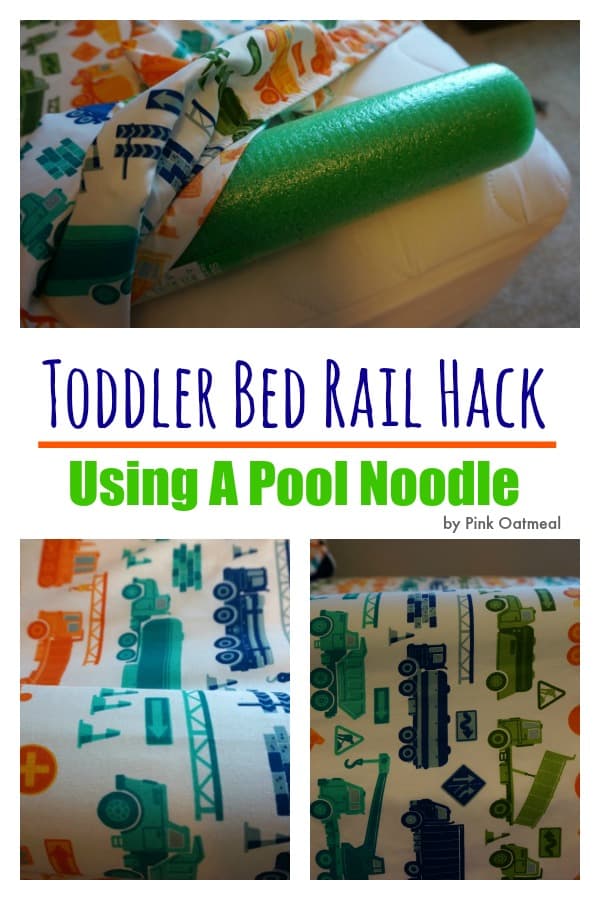 image of how to use a pool noodle as a Toddler Bed Rail Hack