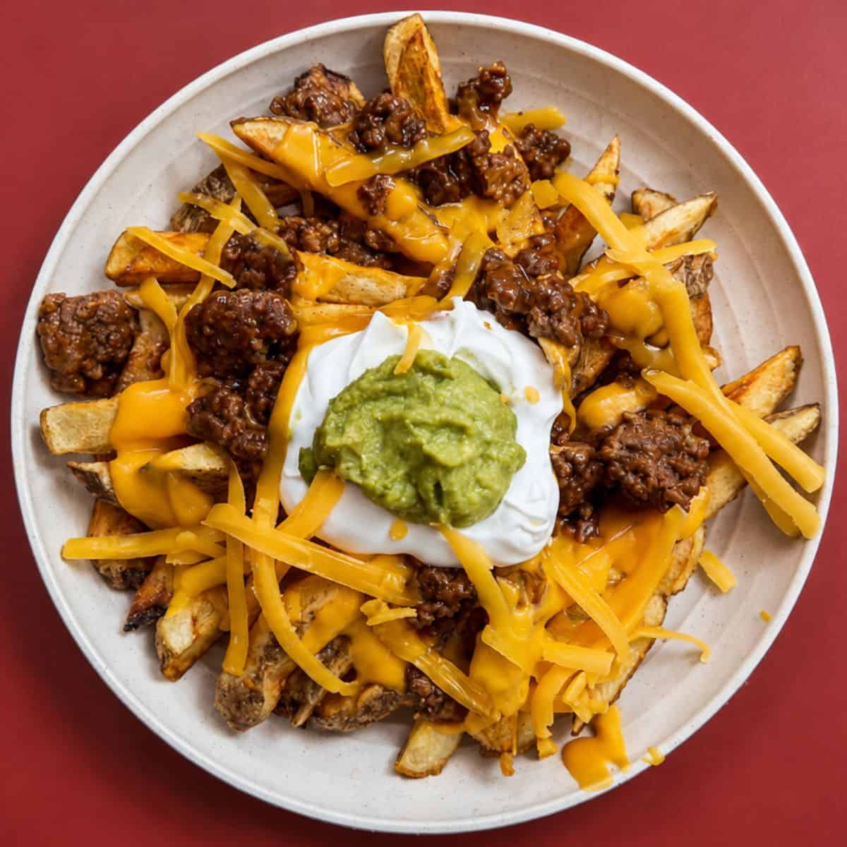 Overhead view of loaded taco fries topped with seasoned ground beef, nacho cheese, shredded cheddar, sour cream, and guacamole in a white bowl.