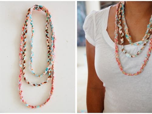 Follow this craft tutorial to create a no-sew braided fabric necklace. A DIY Jewelry idea that will use up some of those fabric scraps! 