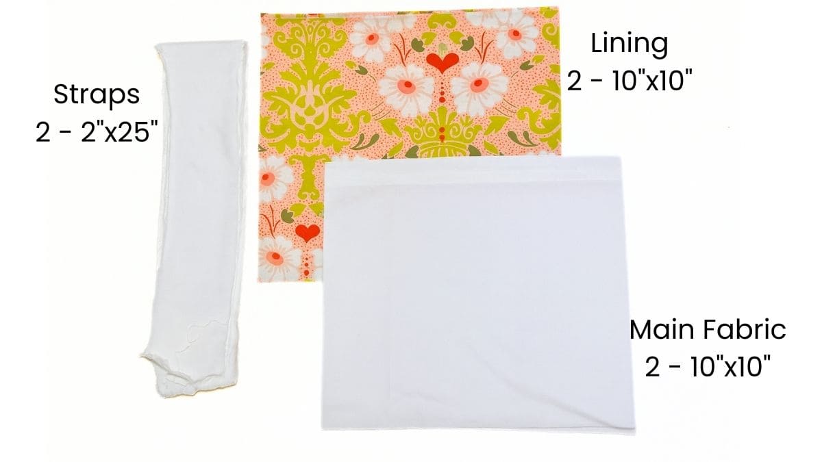 Fabric pieces for sewing a tote bag: two white straps (2"x25"), two floral lining pieces (10"x10"), and two white main fabric pieces (10"x10").
