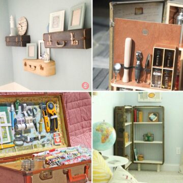 Collage with 4 upcycled vintage suitcases.