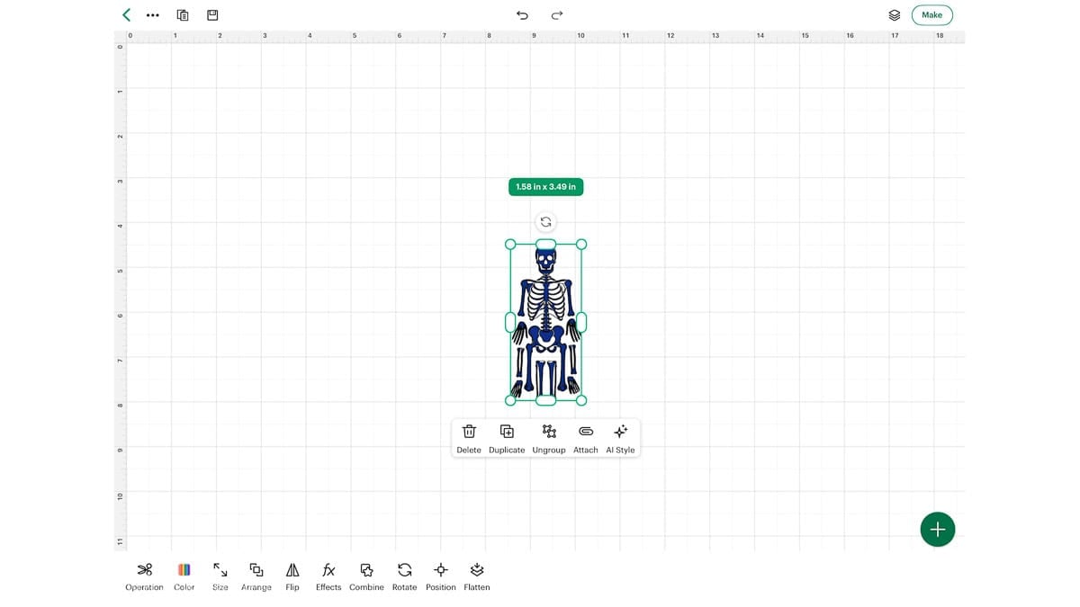Skeleton SVG selected and sized on the Cricut Design Space canvas for a Halloween skeleton banner project.