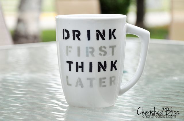 Stenciled Coffee Cup Quote Tutorial - cherishedbliss.com #plaid #marthastewart #marthaglass
