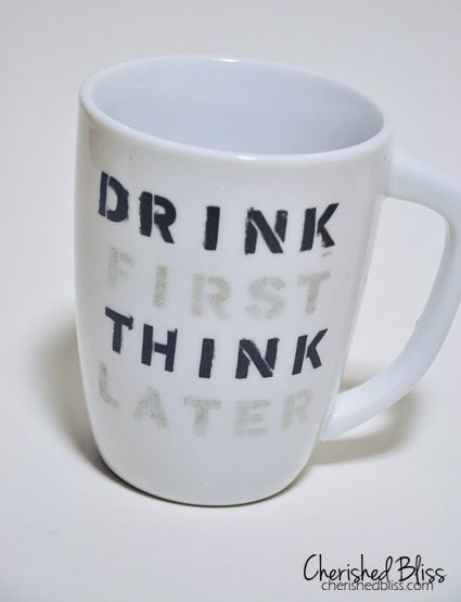 Stenciled Coffee Cup Quote Tutorial - cherishedbliss.com #plaid #marthastewart #marthaglass