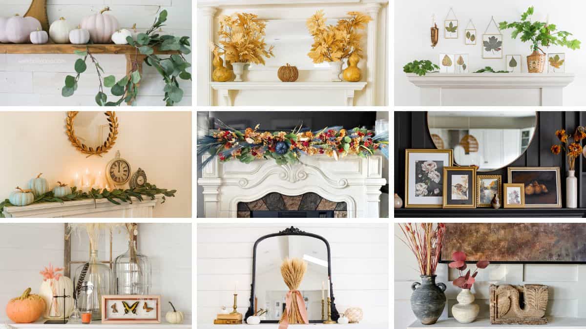 Collage of nine decorated fall mantels featuring pumpkins, candles, garlands, framed art, and autumn leaves in various cozy and stylish arrangements.