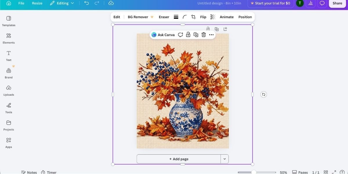 Canva editor with a faux cross stitch fall printable selected and resized on an 8x10 canvas, ready for printing or export.