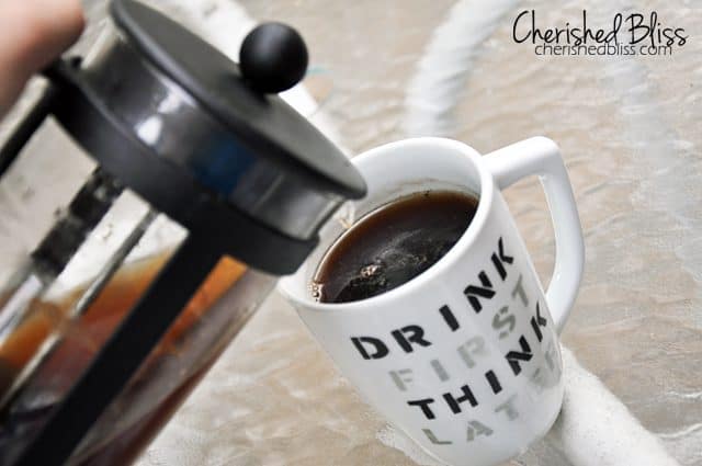 Stenciled Coffee Cup Quote Tutorial - cherishedbliss.com #plaid #marthastewart #marthaglass