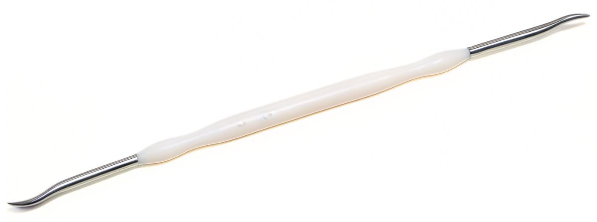 Double-ended craft pick tool with a white handle and curved metal tips on each end, used for weeding vinyl and detailed craft projects.