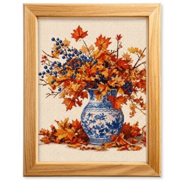 Framed preview of a printable cross stitch design featuring a blue and white vase filled with colorful autumn leaves and blue berries.