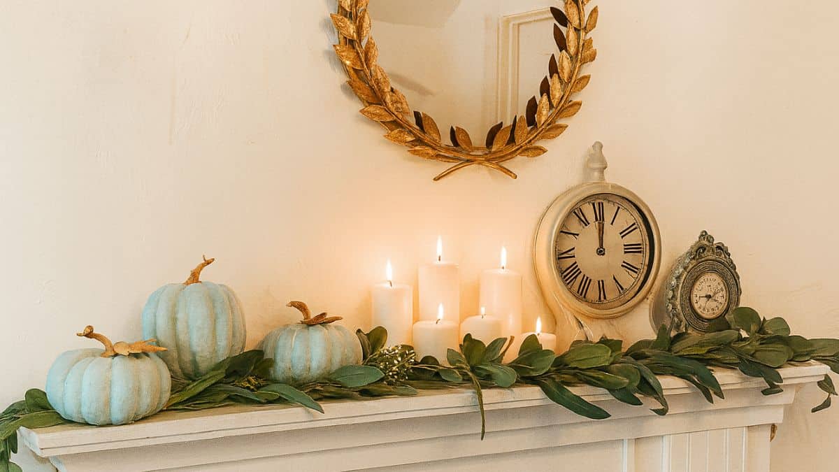 Fall mantel decorated with chalk-painted pumpkins, greenery garland, vintage clocks, glowing candles, and a gold laurel wreath mirror.