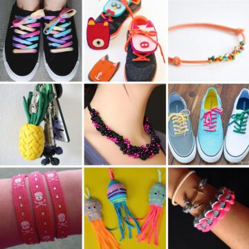 Collage with 9 shoelace crafts.