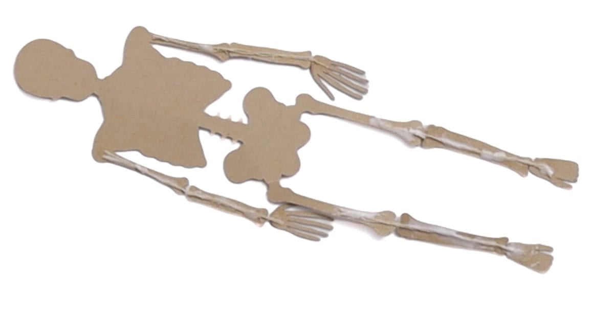 Back of an assembled kraft paper skeleton with glued arm, hand, leg, and foot pieces on a white background.