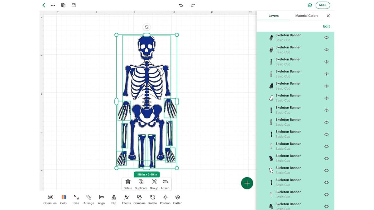 Skeleton SVG selected in Cricut Design Space with individual body parts displayed in the Layers panel.