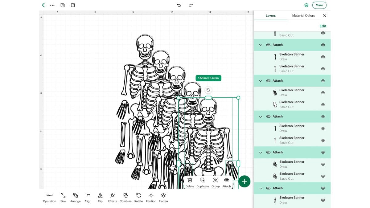 Multiple duplicated skeleton SVG designs arranged on the Cricut Design Space canvas with cut and draw layers visible.