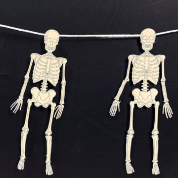 Three paper skeletons hang from a white cord against a black background as a Halloween skeleton banner.