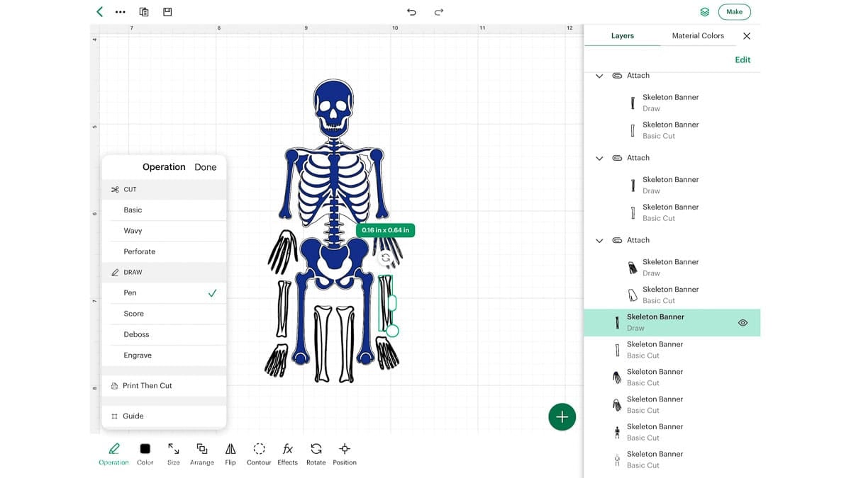 Skeleton SVG pieces in Cricut Design Space with the Pen operation selected for drawing details on the cut layers.