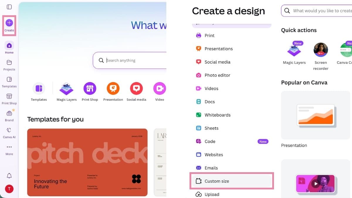 Screenshot of Canva showing the Create menu with the Custom size option highlighted for creating a printable design.