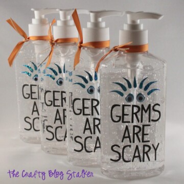 Germs are scary! Get rid of them with hand sanitizer. An easy DIY craft tutorial idea to use vinyl and decorate the bottle. Makes a great teacher gift!