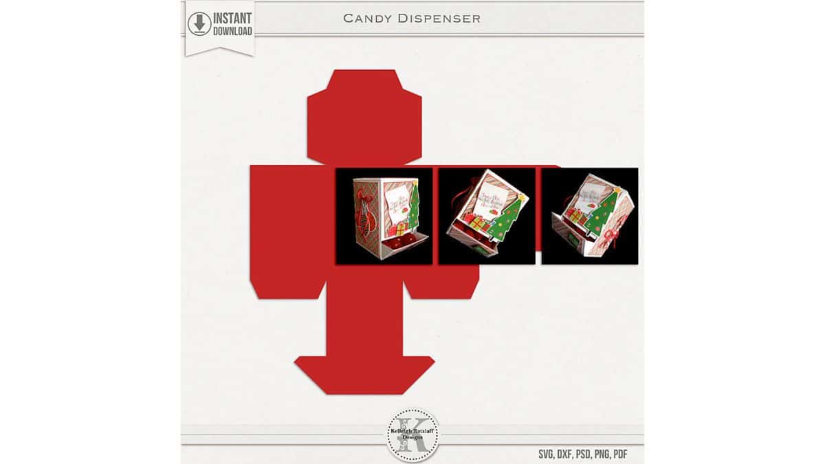 Red candy dispenser box SVG template with three example Christmas-themed assembled boxes featuring gift and tree designs, available as instant download.