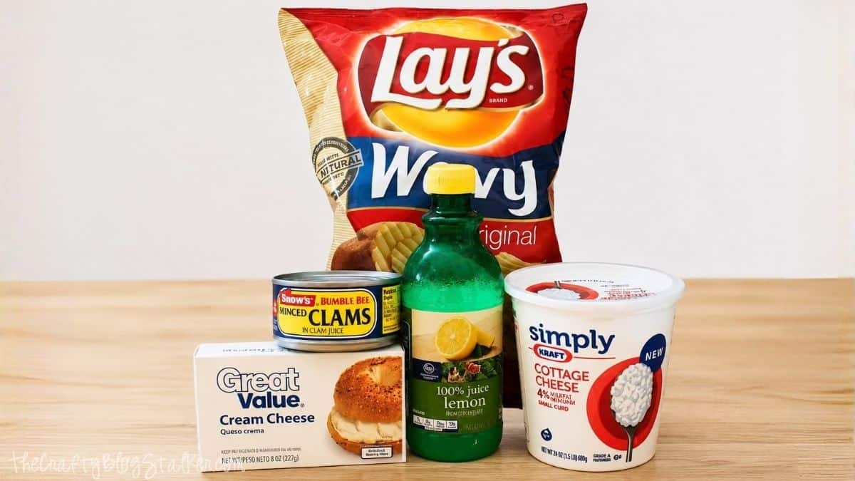 Potato chips, minced clams, cottage cheese, cream cheese, and lemon juice.