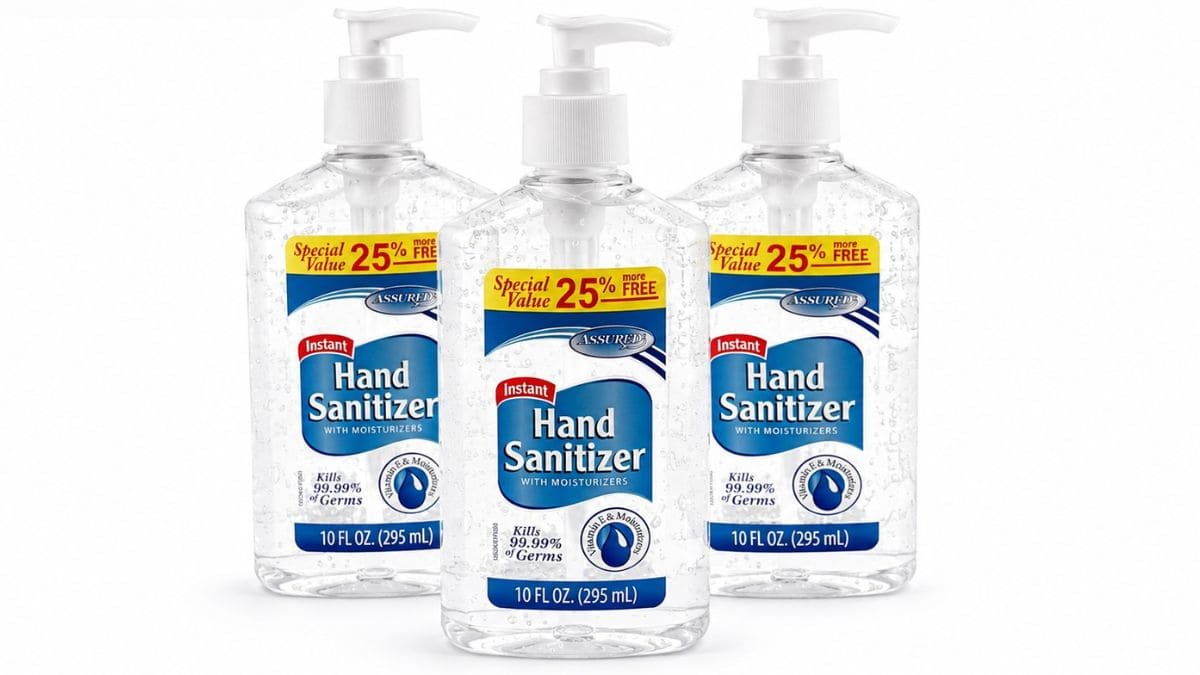 Drie doorzichtige pompflessen met handdesinfecterend middel met blauwe etiketten, gerangschikt op een witte achtergrond voordat ze worden versierd voor een doe-het-zelf-leraarcadeau.