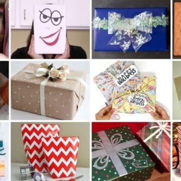Collage of fun gift wrapping ideas featuring ribbons, bows, candy, fabric, patterned paper, and creative gift toppers.