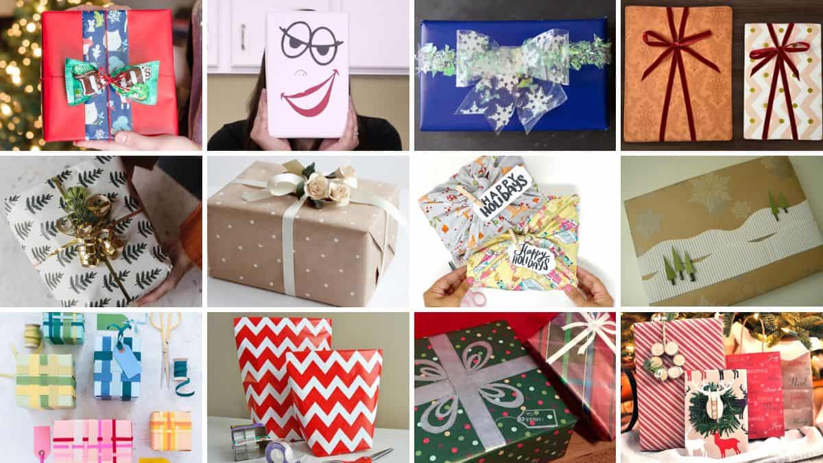 12 Creative Wrapping Ideas Collage of fun gift wrapping ideas featuring ribbons, bows, candy, fabric, patterned paper, and creative gift toppers.