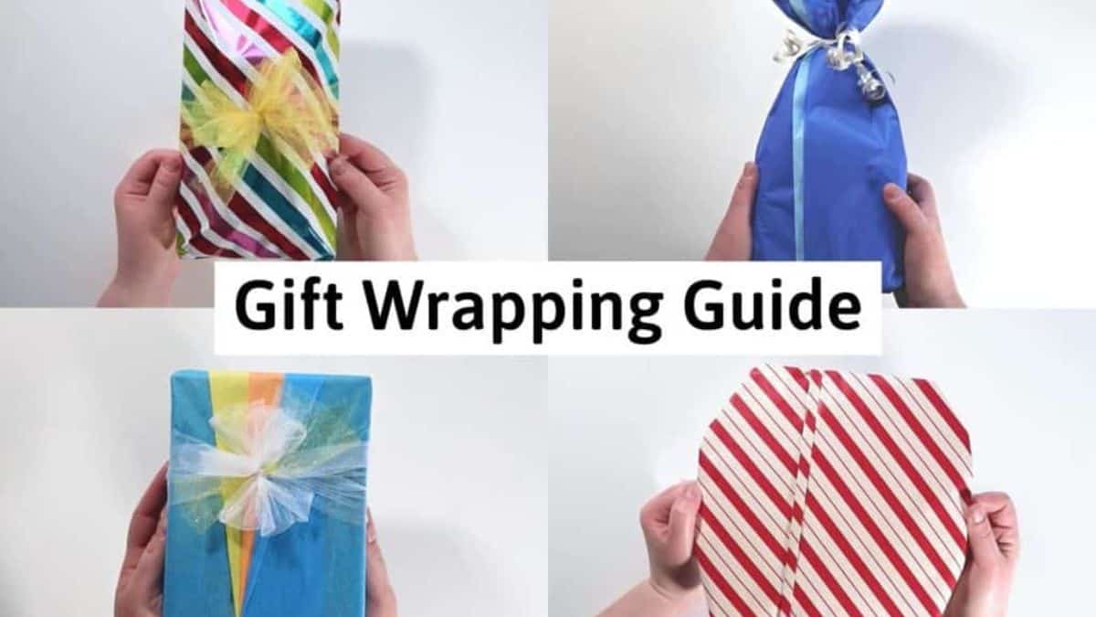 Gift wrapping guide featuring four wrapped presents in different shapes, papers, ribbons, and bows.