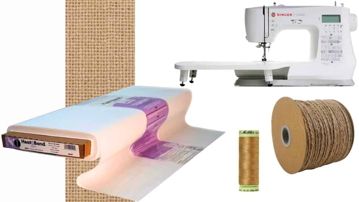 Collage of DIY stocking supplies including burlap fabric, fusible interfacing, a sewing machine, spool of thread, and roll of twine laid out for a sewing project.