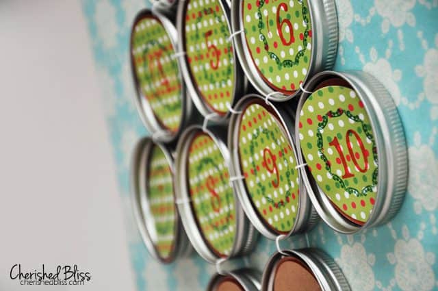 12 Days Of Christmas Advent Calendar using Mason Jar lids! // tutorial via cherishedbliss.com